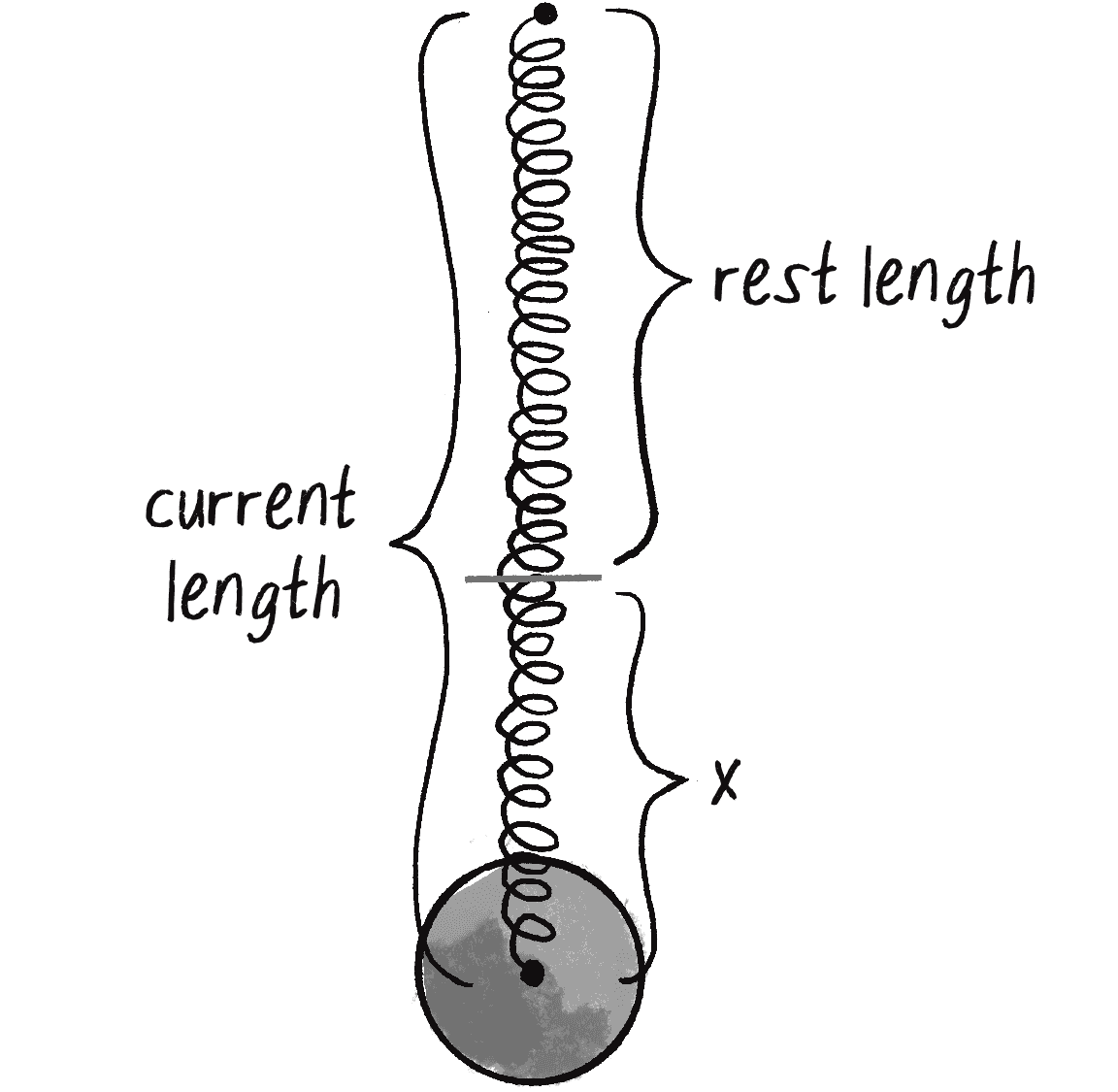 Малюнок 3.15: Розтяг пружини (x) є різницею між її поточною довжиною та її довжиною у спокої