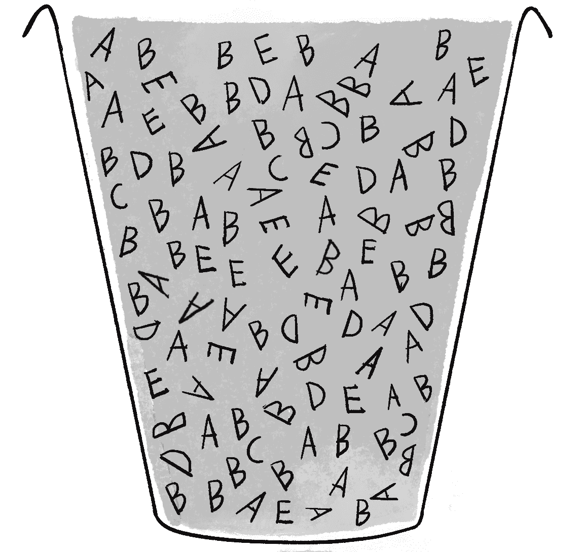 Малюнок 9.7: Відро, наповнене літерами A, B, C, D і E. Що вища пристосованість, то більше літер у відрі